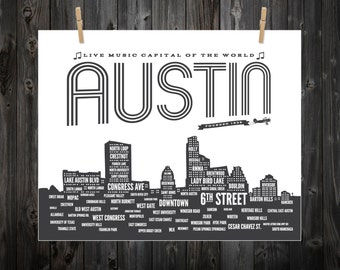 Austin, Austin Neighborhoods, Austin Skyline, Austin Texas, Austin Art, Austin Print, Austin Poster, Austin TX, Austin Typography, Texas