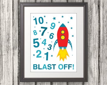 123, Rocket Ship, 123 Poster, 123 Print, Numbers Print, Numbers Poster, Kids Wall Art, Blast Off  - 11 x 14