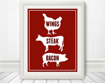 Wings, Steak, Bacon - Kitchen Sign, Kitchen Print, Kitchen Art, Bacon Print, Bacon Sign, 6 Sizes