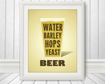 Beer Water Barley Hops Yeast Print, Beer Glass, Beer Print, Beer Poster, Beer Quote Print, Beer Art, Retro, Pint Glass