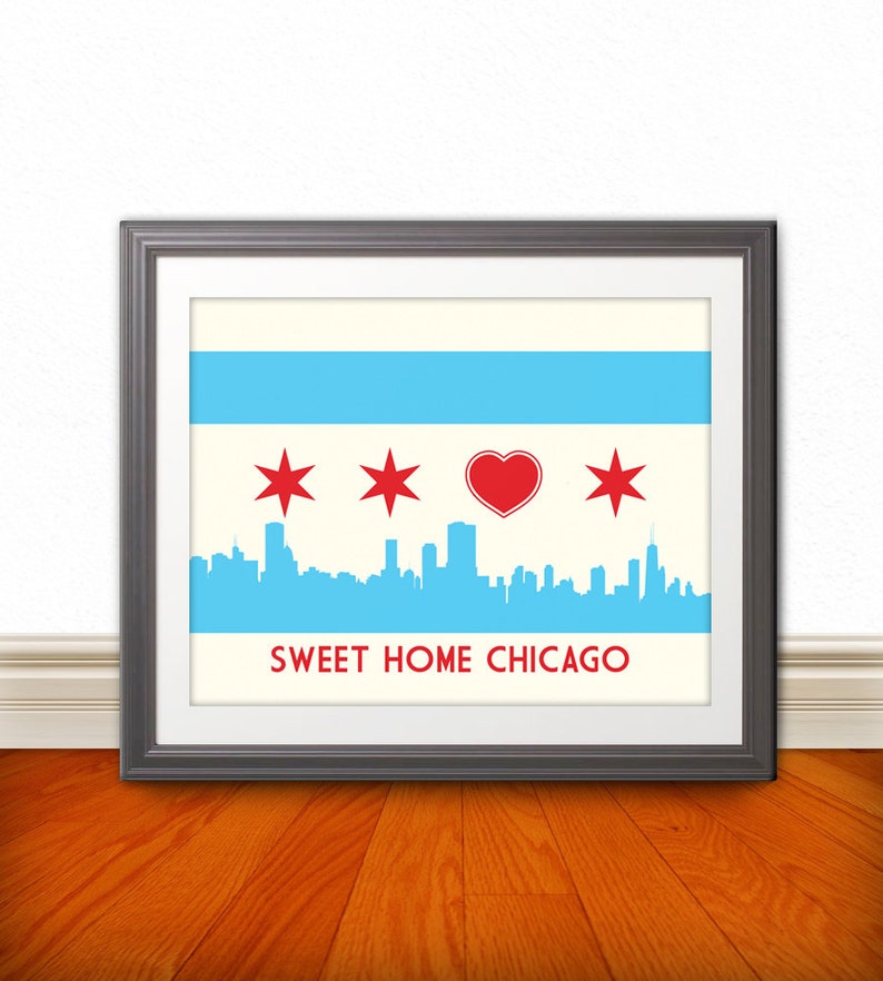 Chicago Flag with Skyline & Heart, Sweet Home Chicago, Chicago Poster, Chicago Print, Chicago Art 24x18 image 2