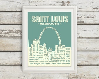 St. Louis Neighborhoods Poster, St. Louis Arch, Saint Louis, St. Louis, St Louis Poster, Typography, St. Louis Map, Arch, Missouri, Art