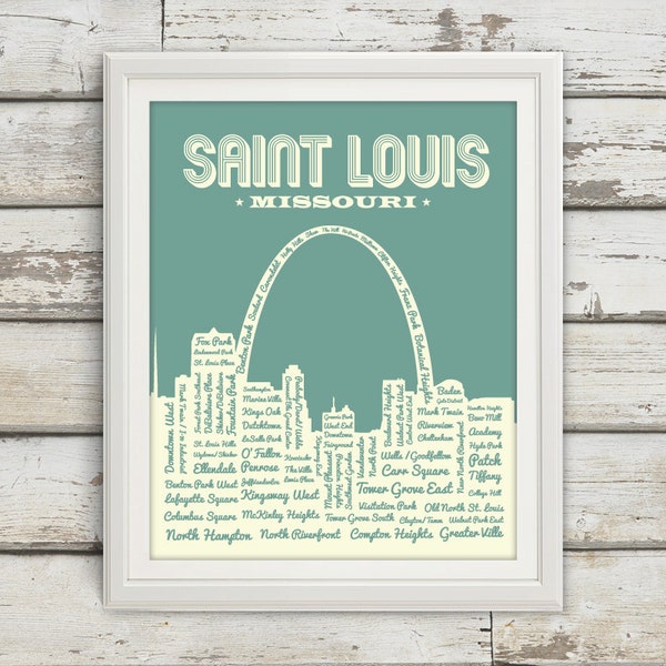 St. Louis Neighborhoods Poster, St. Louis Arch, Saint Louis, St. Louis, St Louis Poster, Typography, St. Louis Map, Arch, Missouri, Art