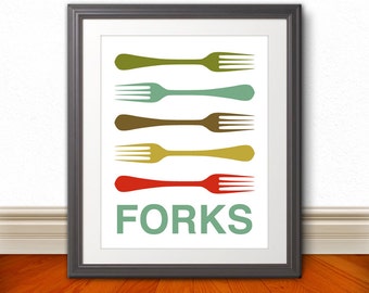 Forks Print Poster, Mid Century Art, Quote Print, Kitchen Art, Retro - Forks - 11x14
