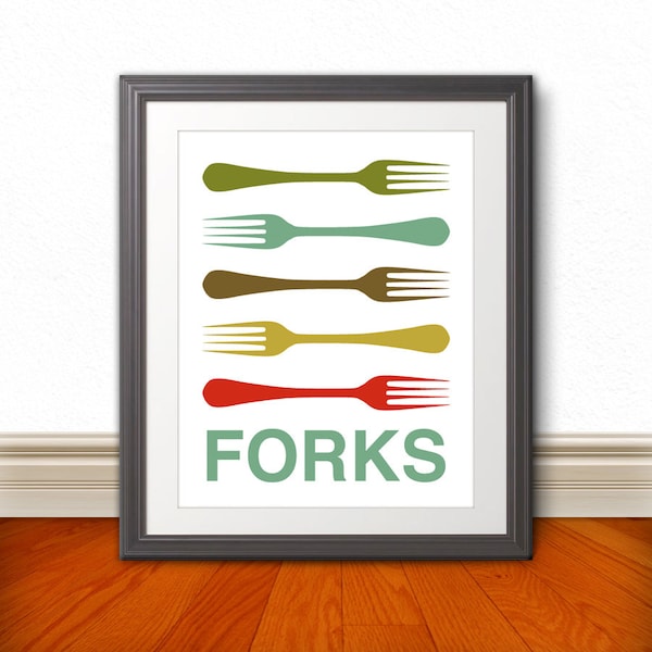 Forks Print Poster, Mid Century Art, Quote Print, Kitchen Art, Retro - Forks - 11x14