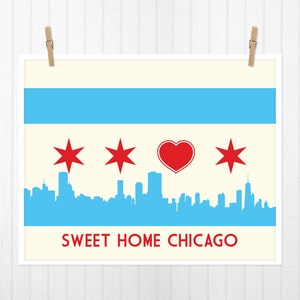 Chicago Flag with Skyline & Heart, Sweet Home Chicago, Chicago Poster, Chicago Print, Chicago Art 24x18 image 1