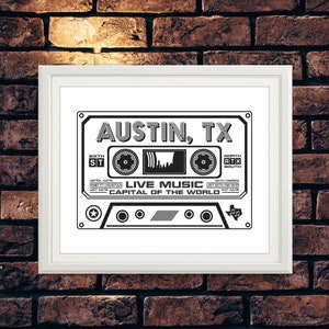 Austin Cassette Print - Austin Music Art, Austin Music Print, Live Music Capital,  Austin Wall Art, Austin Poster, Texas