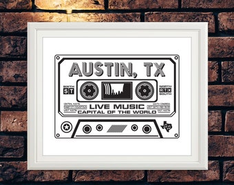 Austin Cassette Print - Austin Music Art, Austin Music Print, Live Music Capital,  Austin Wall Art, Austin Poster, Texas