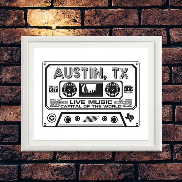 Austin Cassette Print - Austin Music Art, Austin Music Print, Live Music Capital,  Austin Wall Art, Austin Poster, Texas