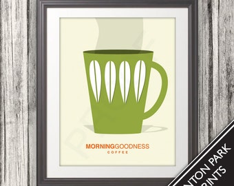 Coffee, Coffee Cup Print, Coffee Art, Coffee Poster, Mid Century Art, Retro, Morning Goodness Coffee - 11x14