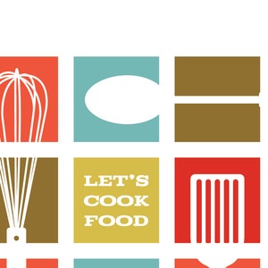 Let's Cook Food, Squares, Mid Century Modern Art, Home Decor, Kitchen Decoration, Kitchen Print, Kitchen Art, Modern Kitchen Art, Typography image 5
