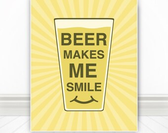 Beer Makes Me Smile, Kitchen Wall Art, Kitchen Art, Kitchen Print, Beer, Beer Print, Beer Poster, Craft Beer, Beer Art, Retro, -  8x10