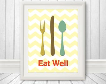 Fork Knife Spoon Print Poster, Mid Century Art, Chevron Print, Kitchen Art, Retro - Fork Knife Spoon Eat Well Yellow Chevron - 11x14