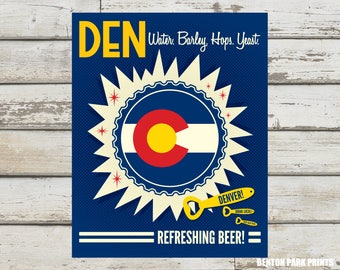 Denver, Water Barley Hops Yeast - Denver Colorado, Denver Beer Print, Colorado Flag, Denver Beer, Denver Beer Cap, Denver Art