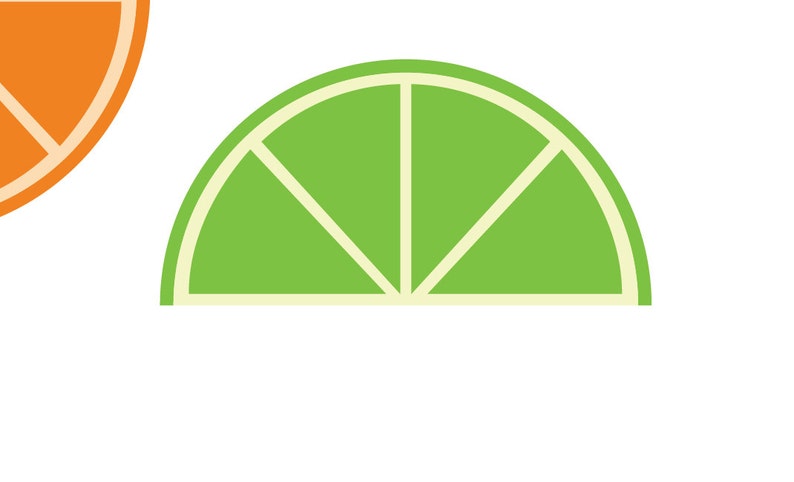 May include: A green lime wedge with a white outline and five segments.