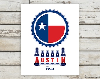 Austin Texas Beer Print, Austin, Texas, Beer Art, Homebrew, Brewery, Brewer Gift, Brewer Artwork, Brewery Print, Bottles, Bottle Cap