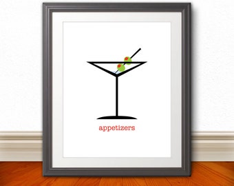 Martini Glass Olive Appetizers Print, Martini Glass Poster, Martini, Kitchen Poster, Modern Art, Modern Kitchen Print, Dinner Poster