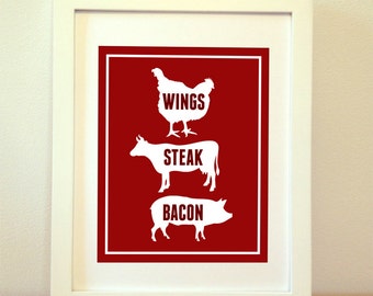Wings, Steak, Bacon - Kitchen Print - Framed 8x10 Print