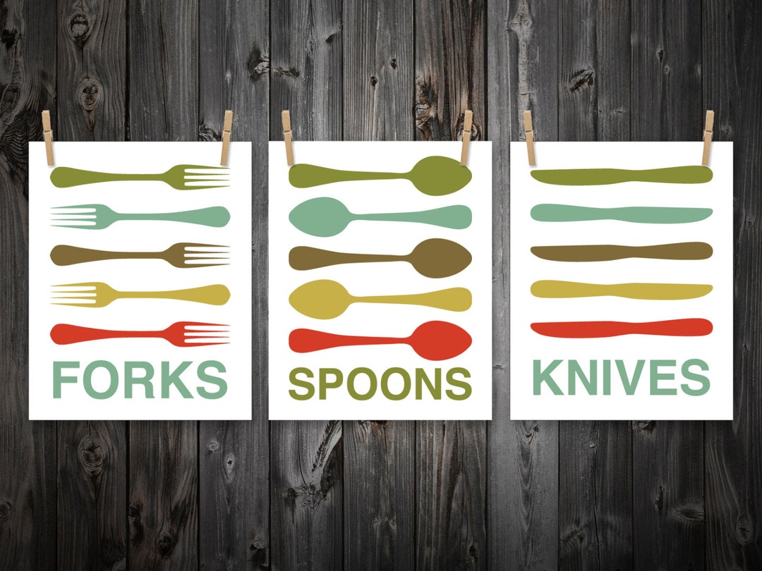 Forks Knives Spoons Print Set, Fork, Knife, Spoon, Kitchen Art, Kitchen ...