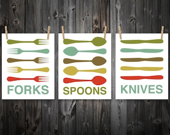 Forks Knives Spoons Print Set, Fork, Knife, Spoon, Kitchen Art, Kitchen Decor, Home Decor, Artwork, Wall Art, Kitchen Print, Kitchen Poster