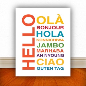 Hello Bonjour Hola Wall Art, Kids Wall Art, Nursery Wall Art, Home Decor, Home Wall Art, Apartment Art, Apartment Print, Custom Color 8x10 image 1