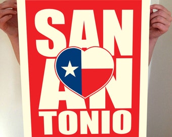 San Antonio, Texas, San Antonio Heart, San Antonio Texas, I Heart San Antonio, San Antonio Art, San Antonio Print, Typography, Texas Flag