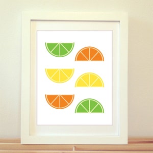 May include: A white frame with a white mat surrounding a print of six colorful citrus fruit slices. The slices are arranged in three rows of two. The top row is two lime slices, the middle row is two lemon slices, and the bottom row is two orange slices.