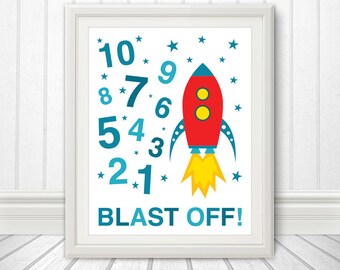 123, Rocket Ship, 123 Poster, 123 Print, Numbers Print, Numbers Poster, Blast Off  - 8x10