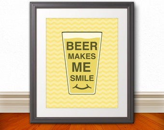 Beer, Beer Chevron, Beer Print, Beer Poster, Beer Quote Print, Beer Art, Retro, - Beer Makes Me Smile - 8x10