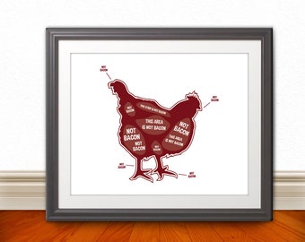 Chicken Butcher Diagram, Butcher Chart - Kitchen Sign, Kitchen Print, Kitchen Art, Bacon Print, Bacon Sign - 8x10