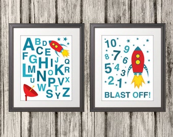 ABC, 123, Rocket Ship, 123 Print, ABC Print, Alphabet Print, Alphabet Poster, 123 Poster, Nursery Art - 8x10