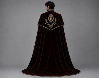Burgunderfarbener Samtumhang im Gothic-Stil, Herren-Vampirprinzenkostüm, schwarz-goldene Militärtunika mit Stickerei, viktorianisches Kostüm für königliche Maskenbälle
