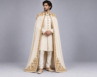 Königlicher Hochzeitsumhang für Herren, elfenbeinfarbener, goldbestickter Mantel, Renaissance-Prinzenmantel, Zeremonielles Bräutigamkostüm, Mittelalterliche königliche Oberbekleidung