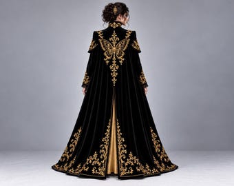 Viktorianischer Gothic-Umhang, Schwarz-Goldene Barockjacke, Königliches Fantasy-Vampirkostüm, Steampunk-Cosplay-Halloween-Festival-Outfit