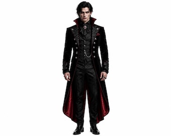 Viktorianischer gotischer roter bestickter Frack, langer schwarzer Baumwollmantel im Vampir-Stil für Hochzeiten und Maskenbälle, Steampunk-Dracula-Cosplay-Kostümjacke