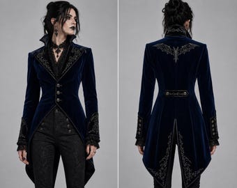 Gothic-Frack aus marineblauem Samt für Damen, viktorianische Steampunk-Jacke, Mantel mit Vampirfledermaus-Stickerei, Kostüm für Renaissance-Märkte, dunkles Frackkleid
