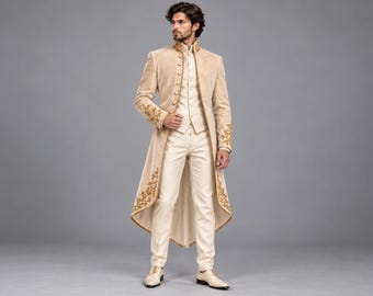 Königlicher Hochzeitsmantel für Herren, elfenbeinfarbener, goldbestickter Frack, viktorianisches Regency-Prinzenkostüm, luxuriöse Renaissance- und mittelalterliche Bräutigamjacke