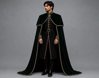 Mittelalterlicher Samtumhang für Herren, Zaubererumhang für Renaissance-Feste, grünes Gothic-Vampirkostüm, königlicher Fantasy-Cosplay-Umhang mit Goldborte