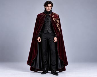 Burgunderfarbener gotischer Samtumhang, Vampir- und Hexenmantel, viktorianischer Mantel mit Rosenstickerei, Kostüm für Renaissance- und Fantasy-Festivals im Mittelalter-Stil