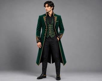 Viktorianischer Frack aus grünem Samt für Herren, Gothic-Steampunk-Jacke, goldbestickter Renaissance-Mantel, formelles Kostüm für Hochzeiten und Cosplay