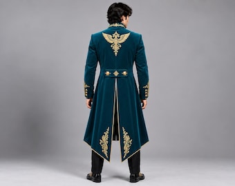 Herren-Frack aus petrolfarbenem Samt, viktorianischer Gothic-Mantel, goldbestickte Steampunk-Jacke, Renaissance-Hochzeitskostüm, formeller Smokingmantel