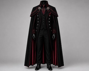 Gothic Tailcoat Men, Dracula Coat, Victorian Vampire Costume, Black Red Gothic Jacket, Steampunk Formal Coat, Halloween Cosplay Outfit