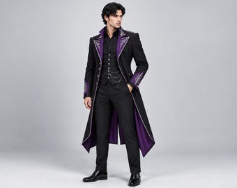 Gothic-Mantel für Herren, schwarz-violette viktorianische Jacke, Steampunk-Vampirkostüm, festliche Gothic-Hochzeitskleidung, Dark-Fantasy-Cosplay