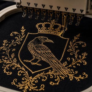 May include: An embroidery machine hoop holds black fabric featuring a gold thread design of a raven inside a shield topped with a crown, surrounded by ornate floral scrollwork. The machine needle is positioned over the top of the shield.