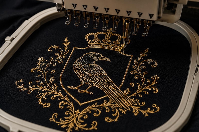 May include: An embroidery machine hoop holds black fabric featuring a gold thread design of a raven inside a shield topped with a crown, surrounded by ornate floral scrollwork. The machine needle is positioned over the top of the shield.