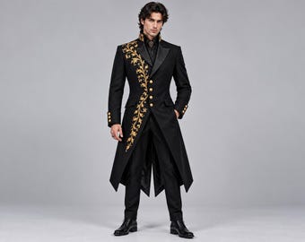 Gothic-Frack für Herren, schwarzer viktorianischer Gehrock, goldbestickte Steampunk-Aristokratenjacke, königliche Prinzen-Hochzeitskleidung