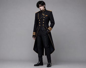 Gothic-Frack für Herren, schwarz-goldene viktorianische Jacke, Steampunk-Prinzen-Cosplay-Mantel, königliches Kostüm aus Dark Academia