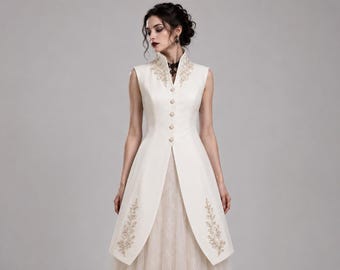 Weiße viktorianische Brautweste, gotischer Hochzeitsfrack, bestickte Steampunk-Weste, Renaissance-Brautmantel, elegante Cosplay-Jacke