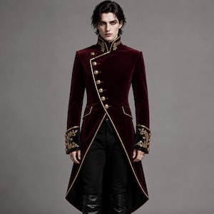 Men's Burgundy Velvet Tailcoat, Gothic Victorian Coat, Vampire Steampunk Jacket, Aristocrat Prince Halloween Cosplay Costume