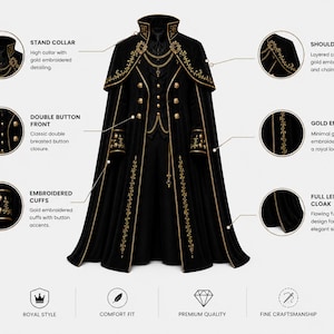 May include: A black full-length cloak featuring a stand collar, double-breasted button front, and gold embroidery. The garment includes a layered shoulder cape with chain detail, embroidered cuffs, and button accents. Text labels highlight features like stand collar, shoulder cape, double button front, gold embroidery, embroidered cuffs, and full length cloak.